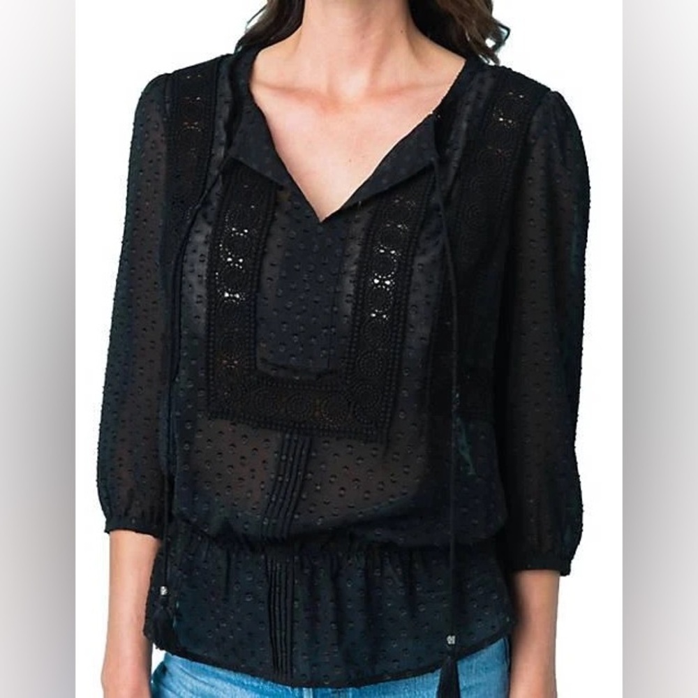 DR2 Black Sheer Swiss Dot Peasant Blouse - Women